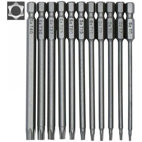 Jeu d'embouts de tournevis longs 11 pièces - embouts magnétiques - tige hexagonale 1/4" - tailles T6 à T40 - longueur 100 mm (1/5)