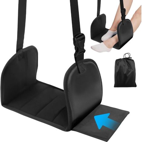 Reposapiés de vuelo, reposapiés de viaje con espuma viscoelástica, reposapiés portátil ajustable para aviones, Travel Essentials Hammock Foot con placas de soporte