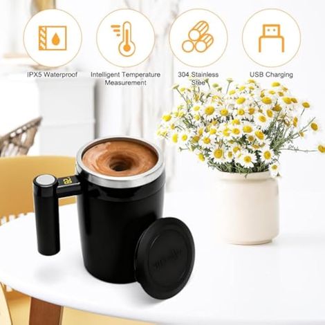 Gobelet mélangeur électrique avec affichage de la température – Technologie de mélange magnétique en acier inoxydable 304, 400 ml Tasse avec anse pour café, chocolat chaud, lait automatique, noir (1/4)