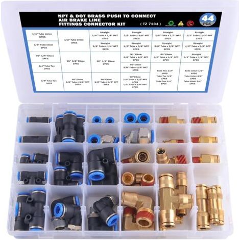 Kit de raccords de tuyaux d'air DOT – 44 pièces – Raccords en laiton CA360 pour systèmes pneumatiques – Installation rapide sans outil (1/5)