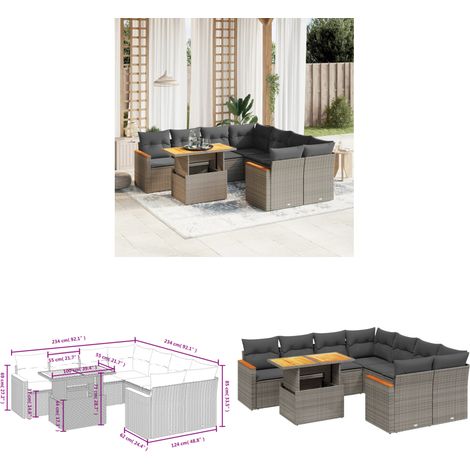 Salon de jardin 9 pcs avec coussins gris résine tressée - Ensemble Salon De Jardin - Meuble Extérieur - Résine Tressée - Rotin Synthétique - Table Extensible - Home & Living (1/3)