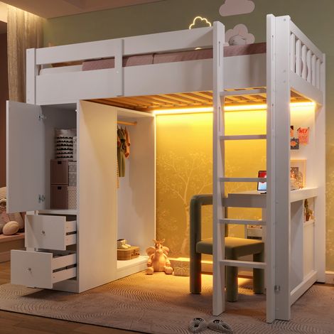 Letto rialzato bambini 90x200 cm con scrivania, armadio, armadio aperto, 4 cassetti, illuminazione LED e porta USB, senza materasso, bianco (1/5)