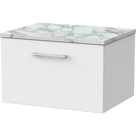 Pershall Contemporary Wall Hung 1 Drawer Vanity Unit with Carrera Marble Laminate Worktop, 600mm, Matt White