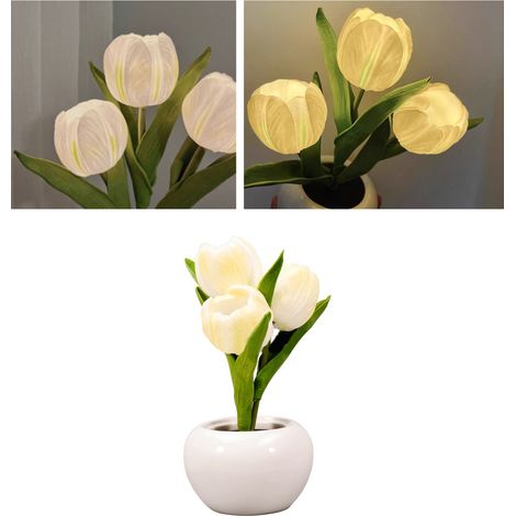 Lampe de table tulipe à lumière douce, en céramique PU blanche, avec base en céramique raffinée. Fonctionne sur piles. Idéale pour les librairies et les cafés. (1/5)