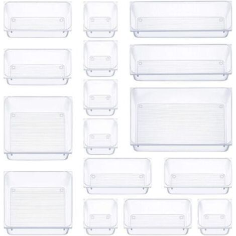 16 pièces organisateur tiroir, 5 tailles boite rangement tiroir, antidérapant organiseur maquillage, pour papeterie de bureau rangement, commode, salle de bain, cuisine (transparent)