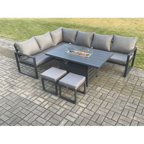 Fimous Aluminium Patio Outdoor Garden Furniture Corner Sofa Set Gas Fire Pit Dining Table with 2 Small Footstools Dark Grey (1/5)