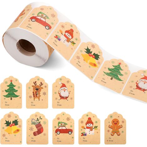 500pcs Étiquettes Autoes de Noël en Papier, Bonhomme de Neige Sapins de Noël Rennes Étiquettes de Noël Vintage pour Cadeaux, 8 Motifs