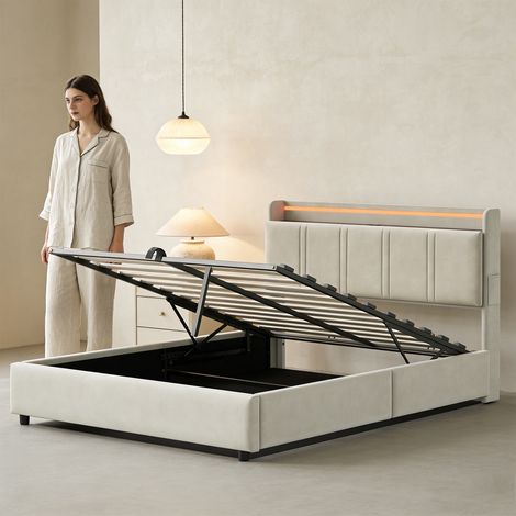 CJHXE Letto contenitore, letto imbottito, letto matrimoniale, 140 x 190 cm, letto contenitore idraulico con luci LED, porte USB e Type-C, con vano portaoggetti, testiera e rete a doghe (1/5)