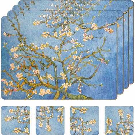 Lot de 4 Sets de Table en liège résistants à la Chaleur pour Table à Manger avec 4 Dessous de Verre Assortis - Motif botanique Bleu - 40,6 x 30,5 cm - Dessous en liège - Sets de Table rigides (1/5)