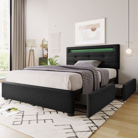 Cadre de lit 90×200cm noir,LED,2 tiroirs,matelas inclus,lit simple rembourré,tête réglable,base lattes bois (1/5)