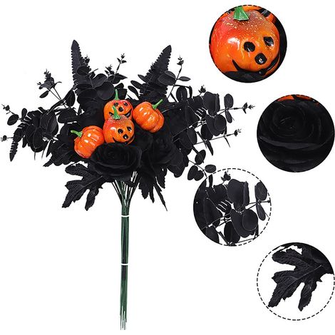 Bouquet De Citrouilles D'Halloween - Roses Noires Artificielles - Centre De Table Pour Intérieur Et Extérieur - 1 Pièce (1/3)