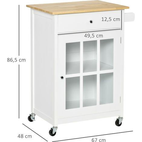 Desserte de cuisine à roulettes multi-rangement - placard porte vitrée avec étagère réglable, tiroir, porte-torchon - blanc aspect chêne clair (1/5)