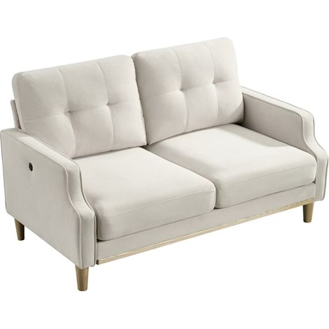 2-Sitzer-Loveseat aus beigem Stoff mit USB-Anschluss und Holzbeinen (1/5)