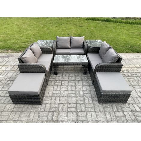 Fimous Ensemble de meubles de jardin en polyrotin 8 places avec Table basse rectangulaire Canapé à deux places 2 Grand tabourets 2 Tables d'appoint (1/5)