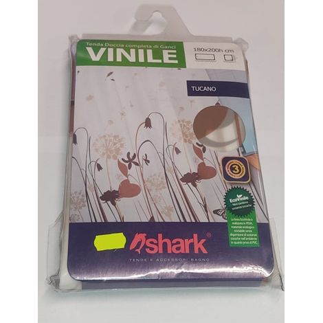 SHARK - TENDA DA DOCCIA COMPLETA DI GANCI IN VINILE LINEA TUCANO 180x200h cm - COLORE BIANCO CON DECORAZIONI MARRONI