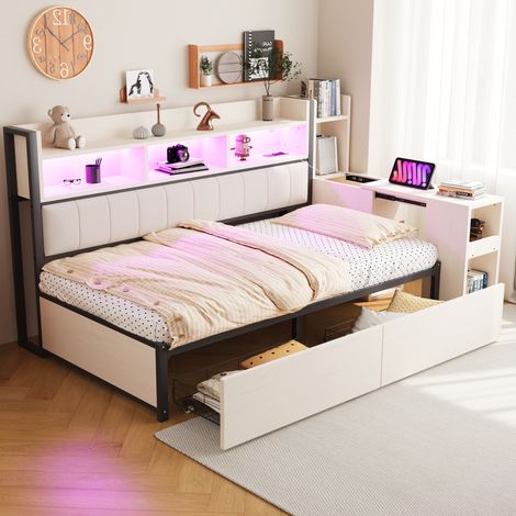 Lit multifonction 90x200 cm en métal blanc avec rangements, bureau intégré et prises (1/5)