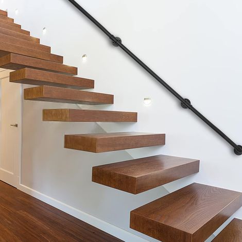 8FT/2.4M Pipe Stair Handrail Metal Railing Staircase Handrails Wall Mount Non-Slip Safety Stair Rail Outdoor Indoor Industrial Pipe Handrail Black Step Baluster Handrail (1/5)