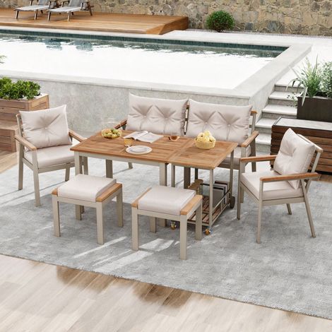 Set tavolo e sedie da giardino 6-7 posti in legno di acacia beige - salotto da giardino completo con divano, poltrone, sgabelli e tavolino di servizio rimovibile - stile naturale