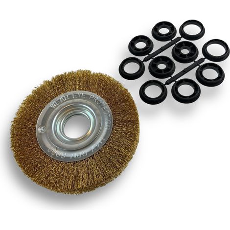 Brosse circulaire LAITON Ø 150 mm Epaisseur 2 rangs Fil dur 0.30 mm ondulé Alésage 32 mm + réducteur bague 25/22/20/16/12 mm Touret meuleuse affûteuse ponceuse Kibros 235152LT