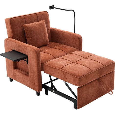 Fauteuil-lit 2-en-1, canapé-lit simple, fauteuil (avec coussin et poches latérales), avec une petite table d'un côté et une poche de rangement de l'autre (chenille orange)