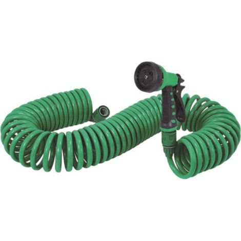 Tuyau d'arrosage spiralé — 7,5 m — Spirale flexible en EVA avec lance à 7 jets tuyau d'arrosage auto-rétractable, idéal pour bateaux, serres, cours et patios. (1/5)