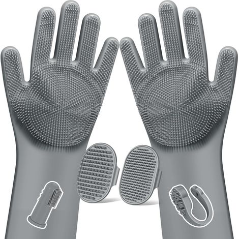 Lot de 6 accessoires de toilettage et de bain pour chiens et chats : gants de lavage, brosse de bain, brosse de douche, gants de toilettage (gris) (1/5)