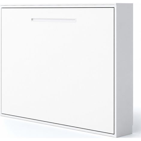 Lit escamotable horizontal MOLANE – Armoire lit avec sommier à lattes intégré Blanc Sans matelas-80x190-Cadre Blanc-Façade Blanche (1/5)