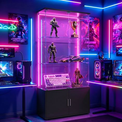 Vitrine LED en verre avec serrure - 4 portes vitrées - 3 étagères - Vitrine autoportante - Socle en bois - Rangement style moderne - Noir (1/5)