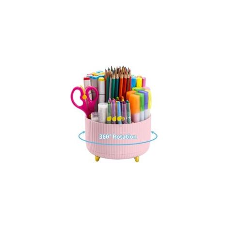 Organiseur de bureau, porte-stylo rotatif à 360°, accessoires de bureau avec 5 compartiments, rangement pour stylos et autres accessoires du quotidien (rose) (1/5)