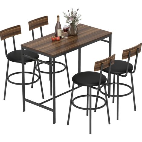 Set tavolo alto 5 pezzi in legno e acciaio marrone con 4 sgabelli industriale (1/5)