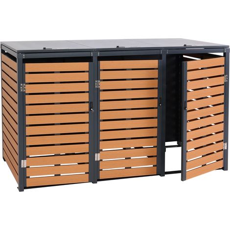 Refugio para cubo de basura 3 compartimentos 119 x 205 x 84 cm wpc metal 109 kg aspecto teca 040008241