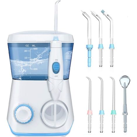 Jet Dentaire Hydropulseur - Avec 7 Buses Multifonctions, 10 Réglages de Pression D'eau, IPX7 Étanche, 600ML Irrigateur Dentaire Pour Les soins Familiaux (Blanc)