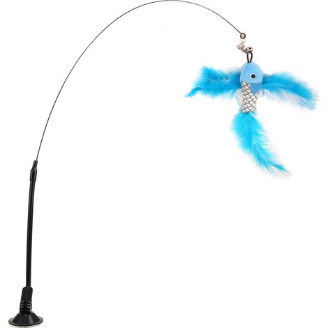 Baguette à plumes amusante pour chat, interactive et portable, avec ventouse, pour chats, poisson volant bleu (1/5)