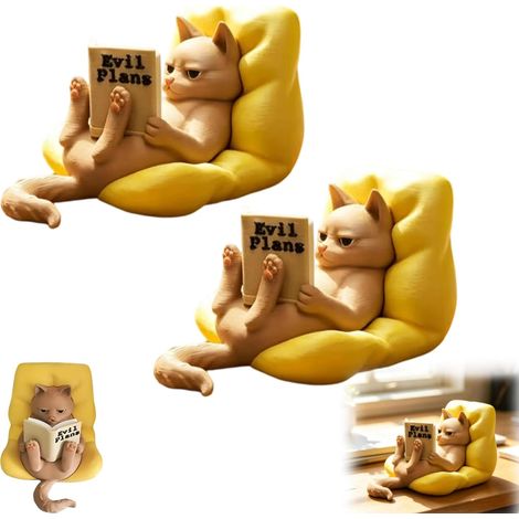 Sculpture de chat paresseux lisant, figurine de chat amusante avec livre sur coussin banane, coussin banane, décoration d'étagère de bureau, cadeau fantaisie unique pour les amateurs de chats (jaune (1/5)