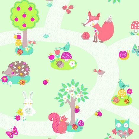 Forest Friends Wallpaper Arthouse Mint Green Fox Bird Animals Kids Nursery (1/2)