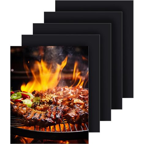 Juego de 5 piezas de tapetes para barbacoa de 50x40 cm. Accesorio antiadherente reutilizable para parrilla. Lavable y resistente al calor hasta 260 °C. Libre de PFOA.