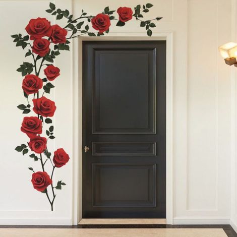 Sticker Mural Rose - Roses Rouges sur Vigne avec Papillons - Décoration Murale pour Chambre - Lot de 1 (1/5)
