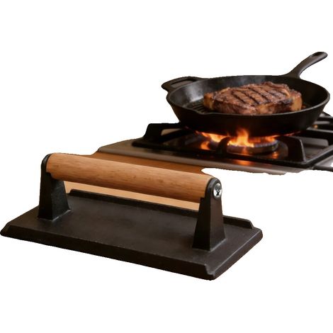 Pressa per carne in ghisa, peso 1 kg, dimensioni 21 x 10,5 cm, ecologica, manico in legno. (1/5)