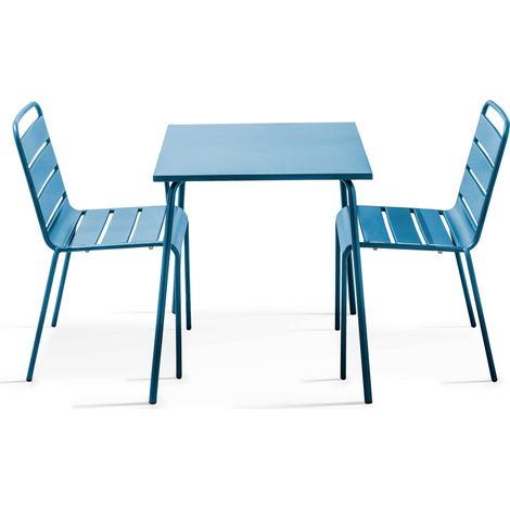 Ensemble table de jardin carrée et 2 chaises acier bleu pacific - Palavas (1/5)