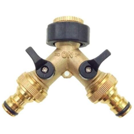 2-way brass tap adapter, double tap garden tap adapter with individual on/off valves for home, kitchen, garden, outdoor use (1/5)