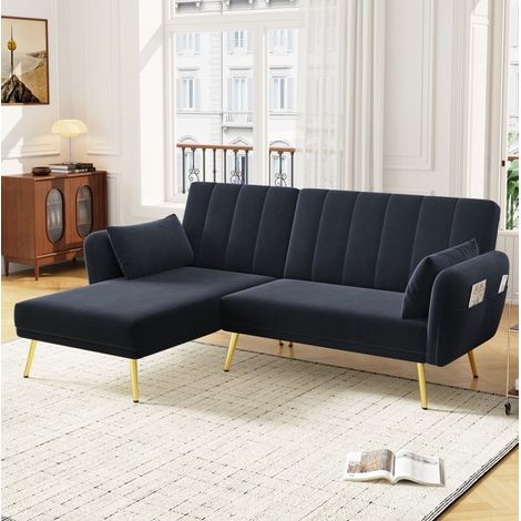 Canapé d'angle convertible 191.5x130.5x80 cm noir en velours avec méridienne réversible (1/5)
