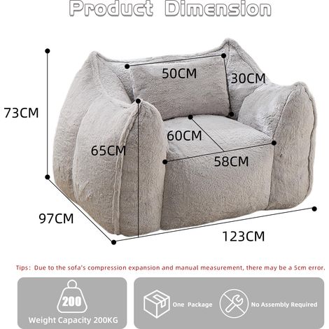 Pouf géant moelleux avec coussin, assise cosy en fourrure synthétique grise pour salon, chambre ou studio, adaptable adultes et enfants, siège au sol pratique et déco. (1/5)