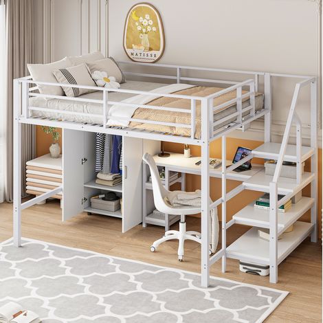 Cama Alta 140x200 Cm Estructura Metal Blanco (1/5)