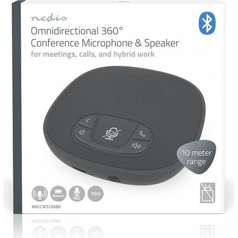 Nedis Konferenzsprecher / Bluetooth® / Omnidirektional / 15 W / Mikrofonreichweite: 10 m / Akkubetrieben / Stromversorgung über USB / 1x 3.5 mm Audio Out / 1x USB-C™ / Schwarz