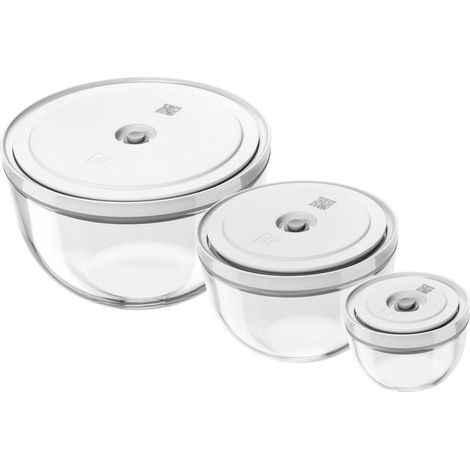 Zwilling FRESHandSAVE Set 3 Ciotole Sottovuoto in Vetro Borosilicato S-M-L 0,3 L 1,75 L 4,0 L con Coperchi per Microonde Freezer e Lavastoviglie colore Trasparente