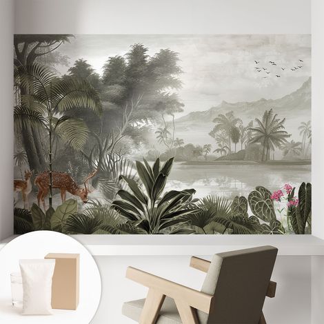Papier peint intissé à motifs décoratifs pour salon chambre et bureau Décoration murale élégante avec colle Oasis tropicale 104x70 cm (1/5)