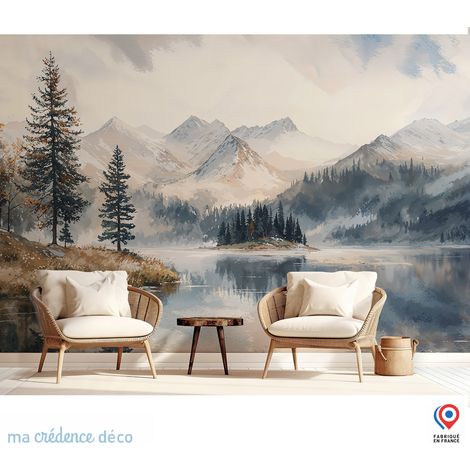 Papier peint : Lac, sapins et montagnes, Aquarelle - Intissé - L.200 x H.280 cm - Marron clair (1/3)