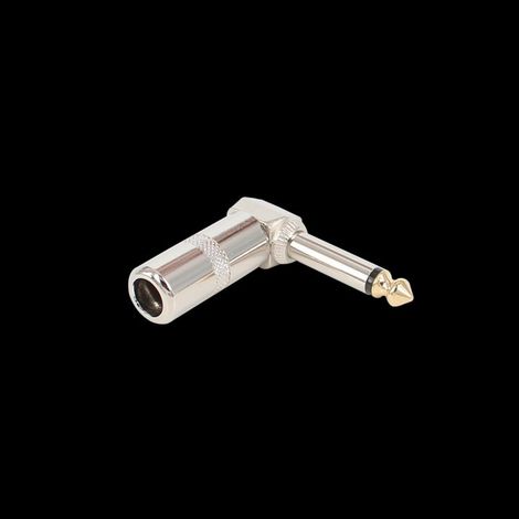 6.35 mm metal plug, mono microphone/electric guitar connector, 90° gold-plated right-angle elbow, soldered. (1/4)