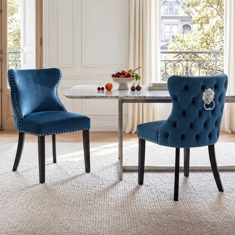 Wahson 2 PZ Sedie da Pranzo in Velluto, Sedie Cucina Eleganti con Gambe in Legno dettagli a Borchie per Cucina/Soggiorno, Blu