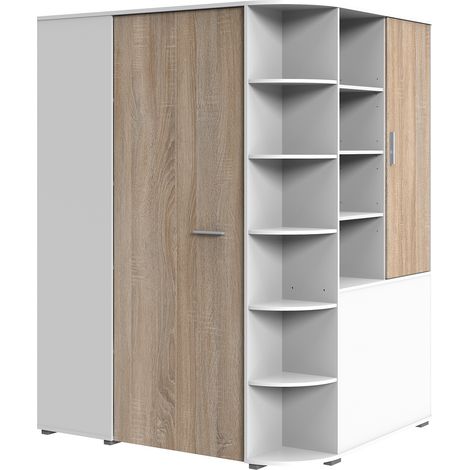 Pegane – Armoire dressing placard blanc avec rechampis imitation chêne – Longueur 124 cm x Hauteur 199 cm x Profondeur 148 cm – Panneaux de particules mélaminés (1/4)